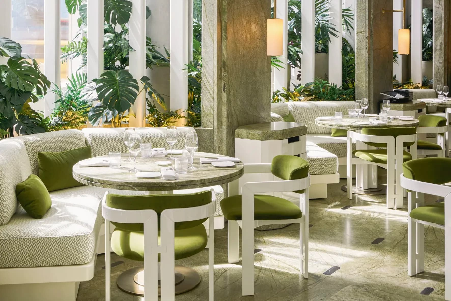 Lounge seating and garden tables at Le Jardinier